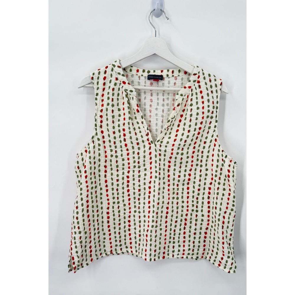Vince Camuto Top Womens XL White Green Red Dot Gauze Sleeveless V-Neck Blouse